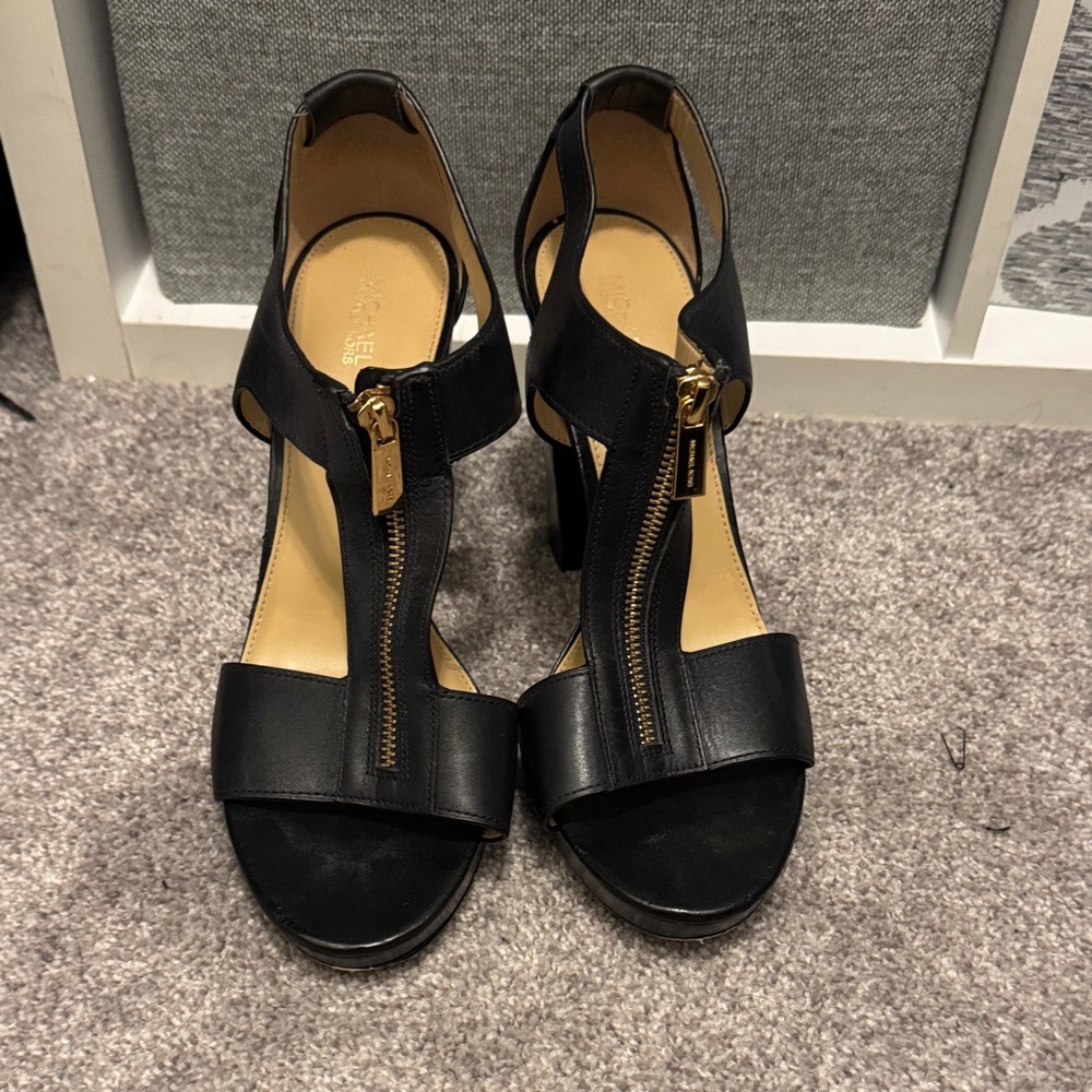 Michael Kors Black Leather Gold-Zip Block Heel Sandals